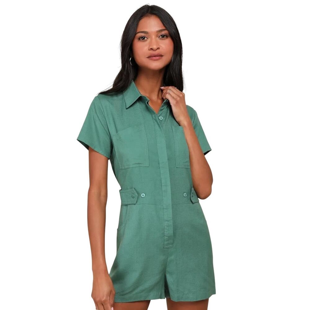 Lulus Cuteness Awaits Green Linen Collared Short Sleeve Romper size L NWT